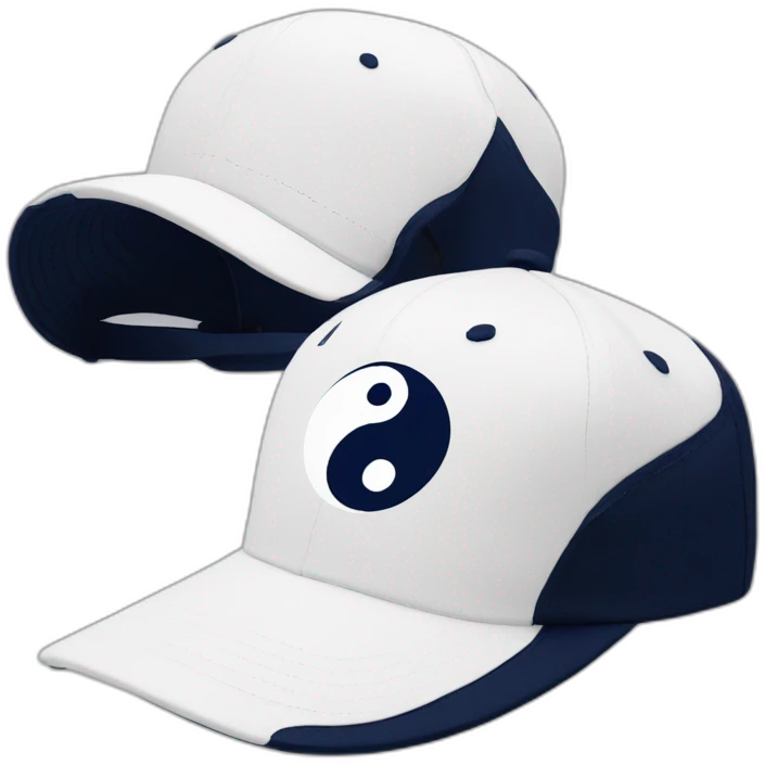 white baseball hat with yin yang symbol on front, navy blue brim emoji