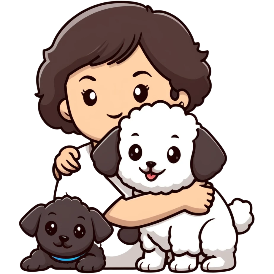 woman with short black hair hugging a brown poodle and a white bichon frise emoji