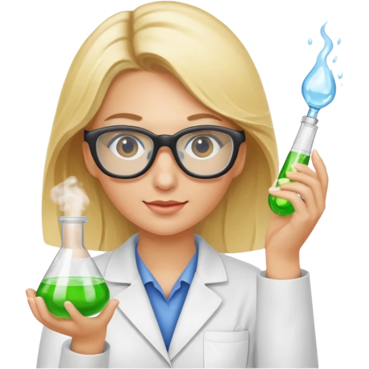 Eine hellblonde Chemikerin mit Kittel, großer Labor-Sicherheitsbrille und typischem Erlmeyerkolben in der Hand emoji