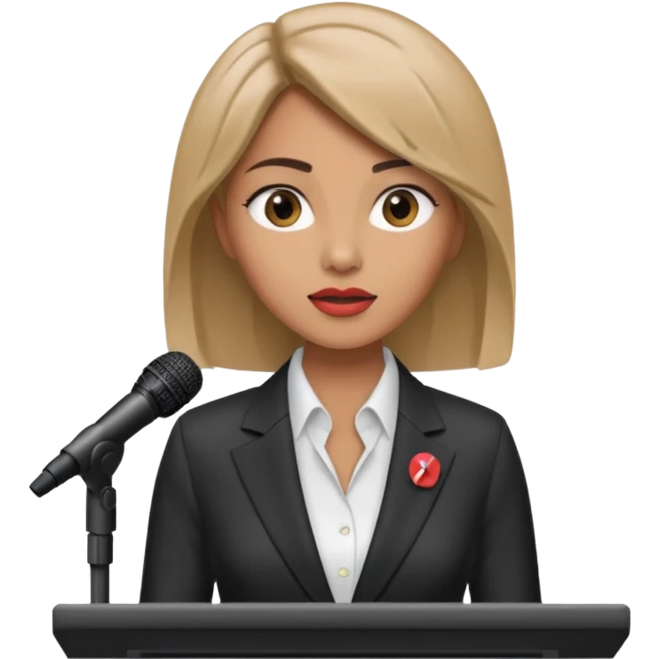 A woman speaks into a microphone, and there is a prompter screen in front of him. emoji