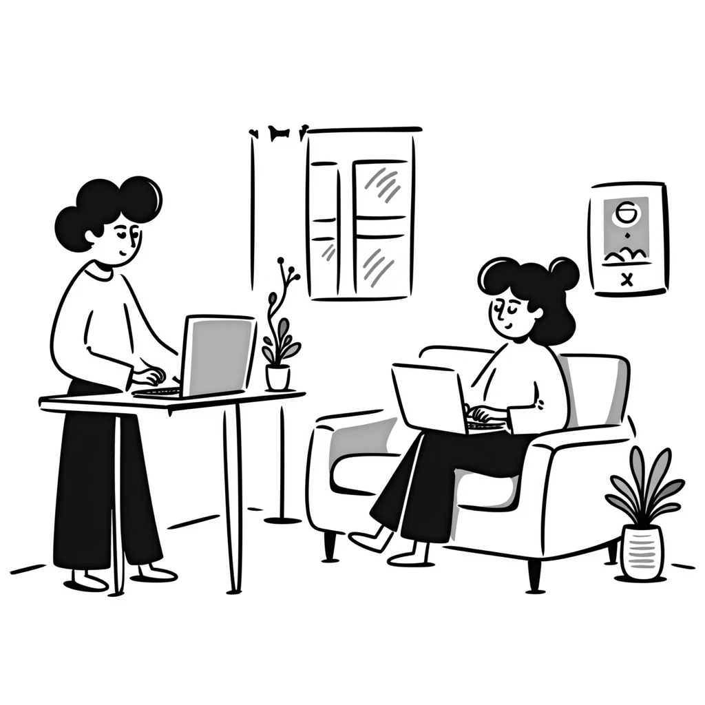escenary 3d of a cozy mid-century living room with two people working on laptops, one man standing at a desk and one woman sitting on a couch, two walls and floor visible emoji