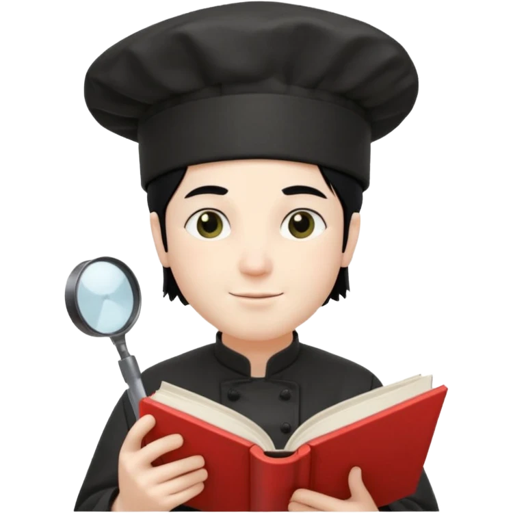 ["A happy man with pale skin, straight hair, wearing a chef hat and no glasses, dressed in goth fashion, is reading a book while holding a camera."] emoji
