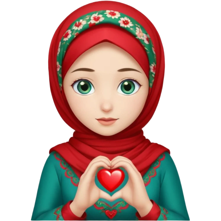 Turkish beautiful finish Konya girl blue eyes with red floral hijab and green red dress and she make heart with hands emoji