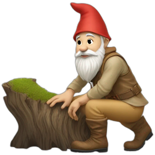 side view of gnome with light tan pants and light tan boots squatting near small brown log emoji