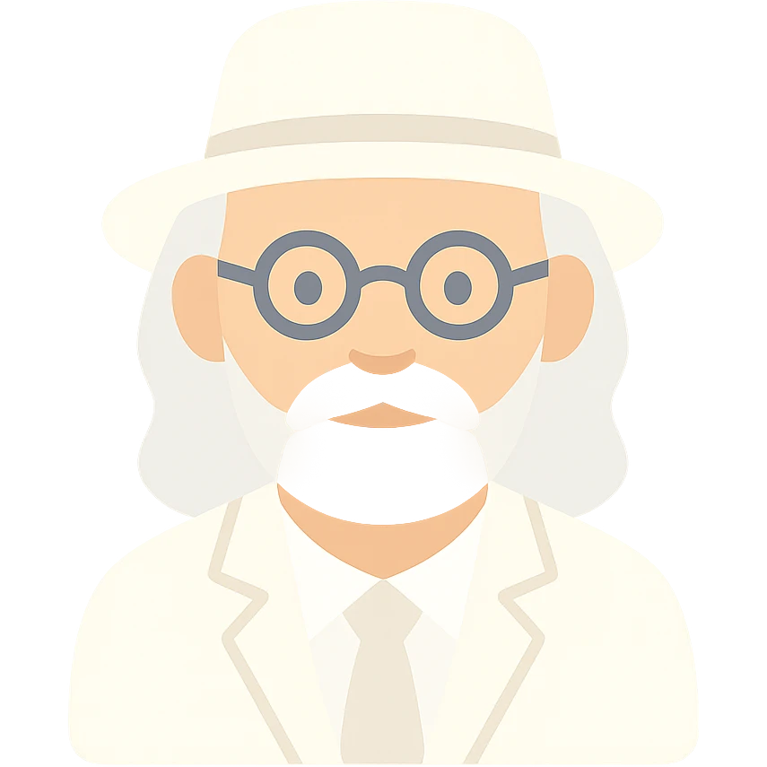 old man with a white hat, slightly long white beard, white moustache, round glasses, white suit, white longish hair, color icon emoji