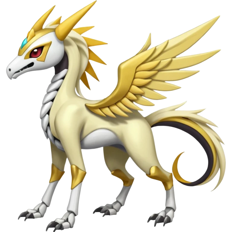 Colorful Skeletal masked armored Meloetta-Latias-Manectric-Solgaleo-Raikou-Pokémon-Digimon-Fakémon-fusion-hybrid-creature, full body emoji