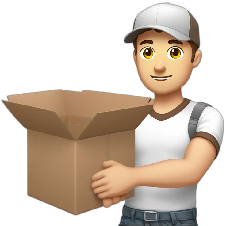 Pale skinned fit Man with dark brown hair in a light gray cap, dark brown jeans, brown polo and white T-shirt keeping a pasted with tape white box into his hands emoji