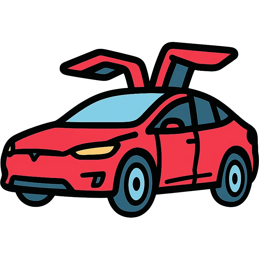 red Tesla Model X with falcon wings up, driving from left to right, angled slightly upward, clean icon style emoji