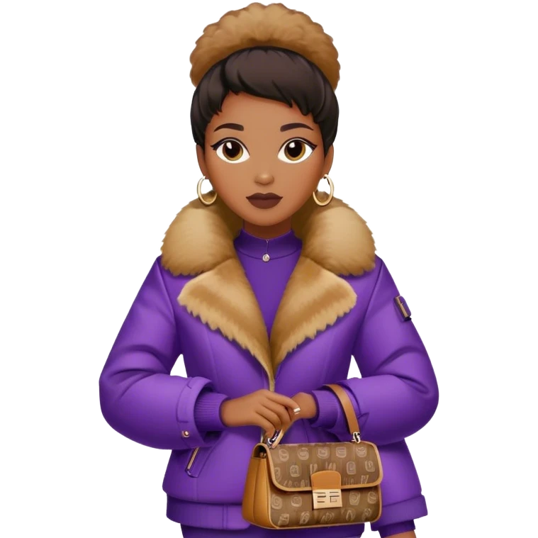 Beautiful black woman wearing a brown monogram Fendi jacket with a fur trim. She is carrying a purple Fendi baguette bag. I want the image to start at her head and end at the chest emoji