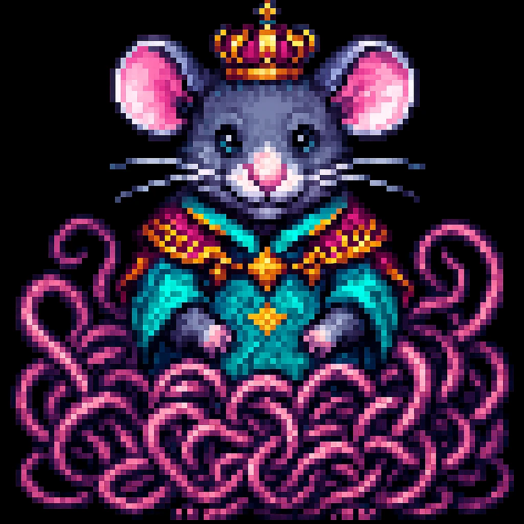 Enhance the image to show more tangled tails among the rats in a pixel art style. Emphasize the pixel art aesthetic with clear, blocky pixels and vibrant colors typical of pixel art. Increase the complexity and visibility of the tails to appear more intertwined and tangled, while maintaining the pixel art style. emoji