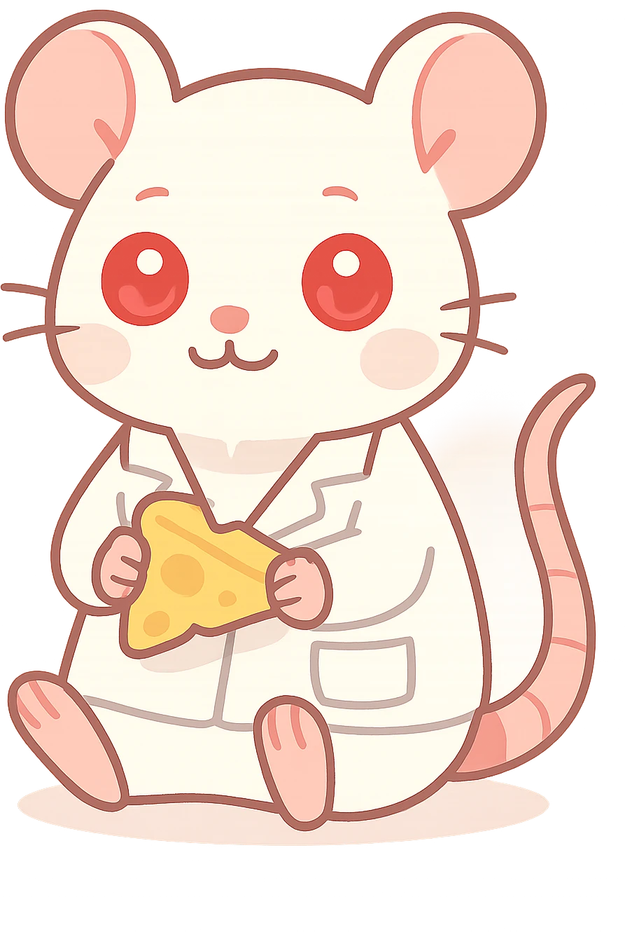 A happy lab rat with red glowing eyes, holding a piece of cheese, white fur, detailed paws and tail, wearing a tiny lab coat, cartoon style with scientific elements. emoji