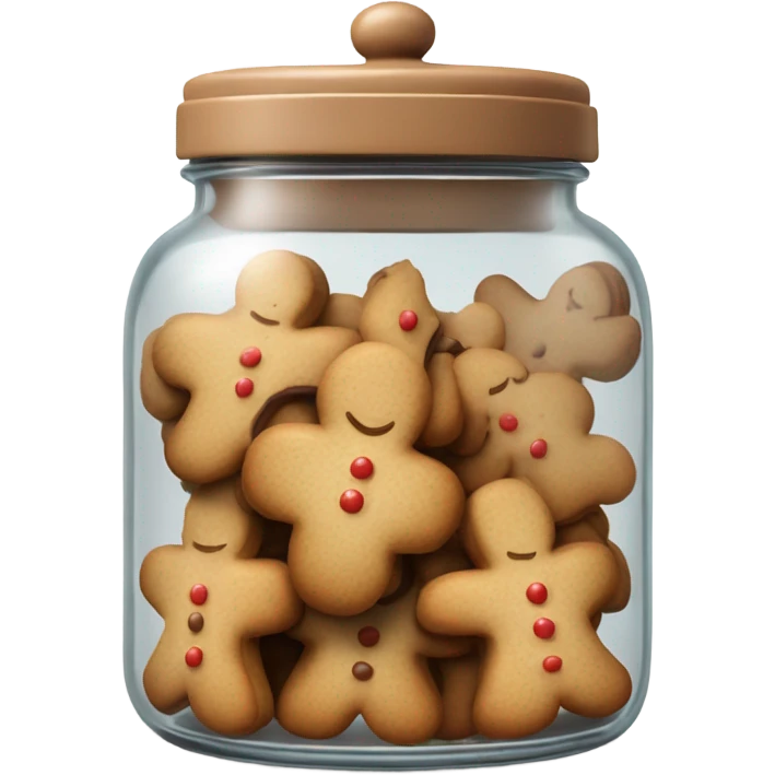 Realistic glass cookie jar with light brown lid full of gingerbread cookies isolated.  emoji
