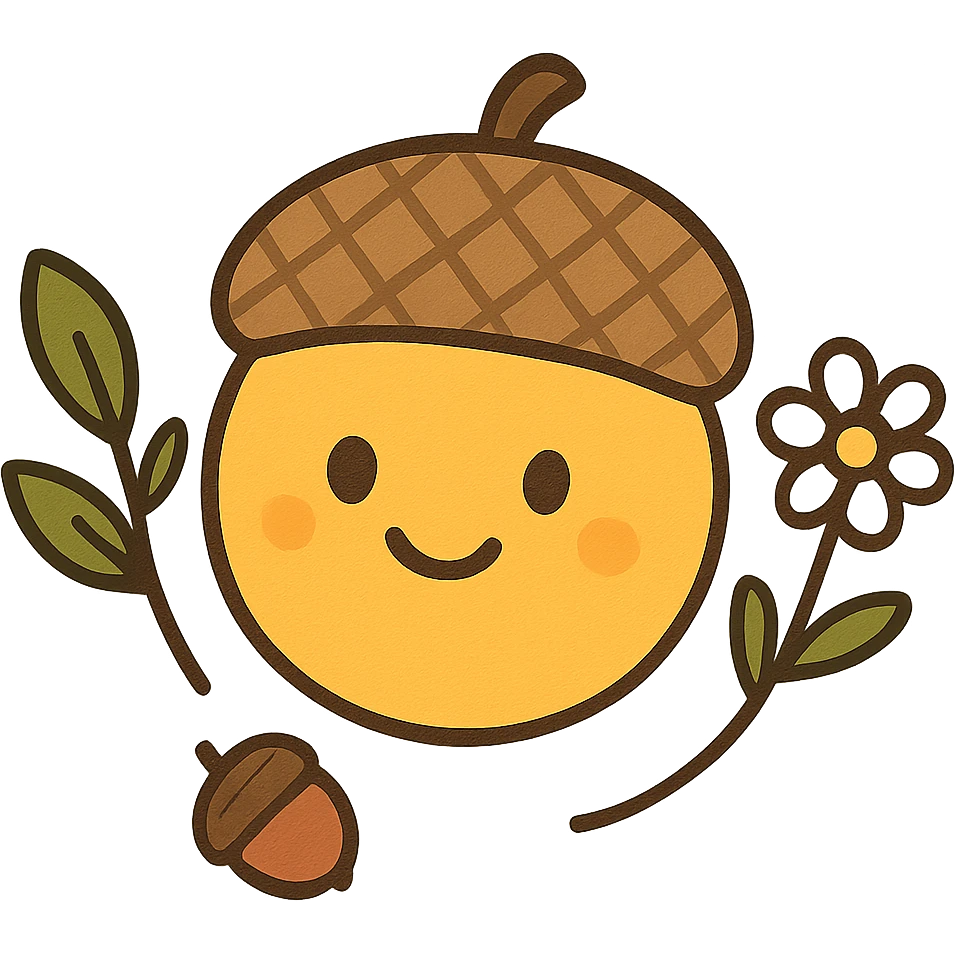 yellow face with acorn hat, nature theme, digital illustration emoji