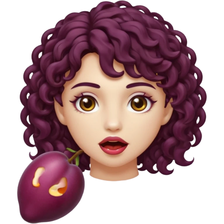 nude woman short curly brown mullet brown eyes white skin biting glowing plum emoji
