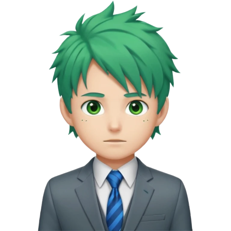 deku : boy anmie green hair green eyes in a ua gray jacket and blue tie suit with frenkles emoji
