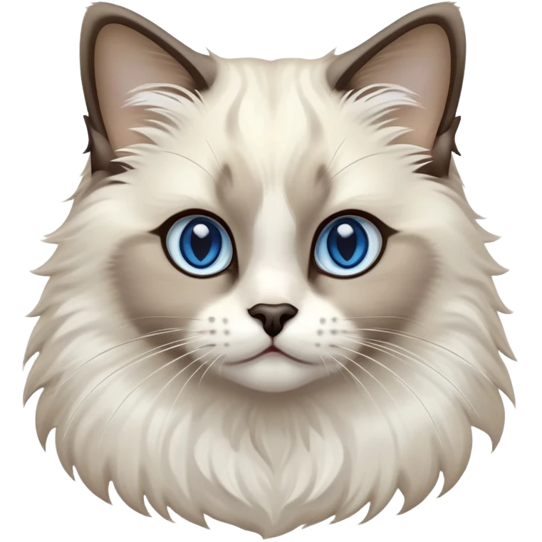 Cinematic-Fluffy-Seal-Ragdoll-Cat-Portrait-Emoji – Head tilted cutely with big, sparkling blue eyes, soft brown-and-white fur with darker seal points on the ears, face, and paws, simplified yet irresistibly adorable features, highly detailed, glowing with a soft and warm charm. emoji
