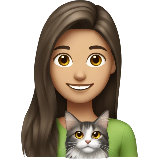smiling straight brunette hair girl with Maine coon cat emoji