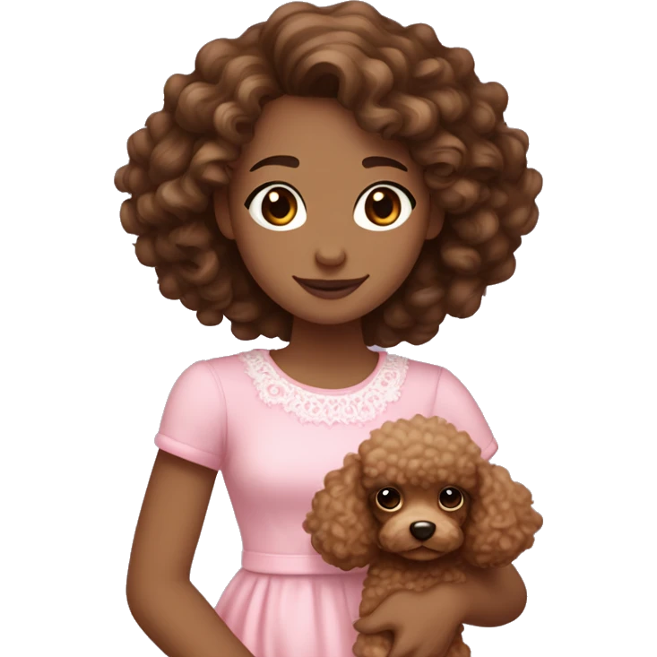 16 year old girl with brown medium length curly hair with white skin brown eyes and she is wearing a pink dress she is also holding a tiny poodle which is light brown with brown eyes￼   emoji