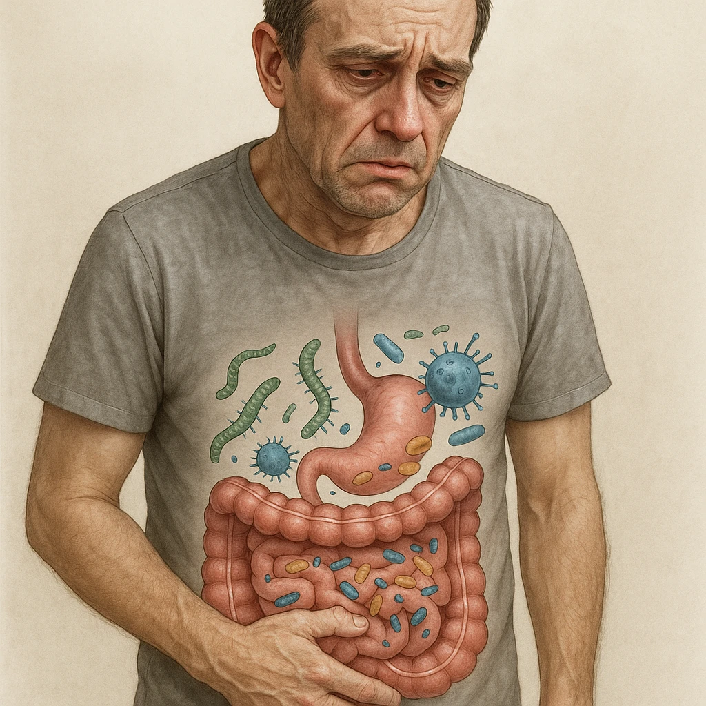 Realistic and medical illustrative style of a middle-aged man with a distressed expression, hand on lower abdomen, sunken eyes, dull skin. Transparent schematic intestine with parasites and bacteria in dysbiosis. emoji