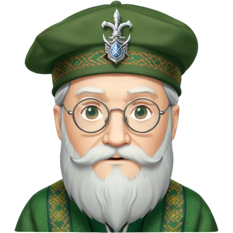 Dumbledore wear green scotland Tam o'shanter cap with decorative patterns, wear glasses, very long beard emoji