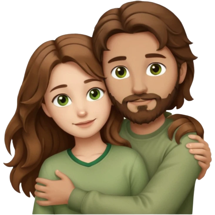 a man with  brown hair and brown beard with hazel eyes and a girl with long brown wavy hair with green eyes, togheter, with neutral clothes, hugged each other emoji