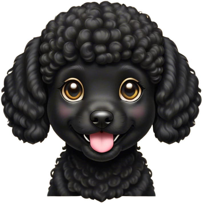 Cinematic Cute Black Poodle Portrait Emoji, Head tilted playfully and inquisitively, showcasing a bouncy, curly jet-black Fur with a striking sheen, round, sparkling dark eyes filled with curiosity, Simplified yet irresistibly adorable features, highly detailed, glowing with a warm, friendly glow, high shine, affectionate and lively, stylized with a touch of whimsy, bright and endearing, soft glowing outline, capturing the essence of a mischievous yet loving companion, so playful it feels like it could bounce out of the screen and into your arms! emoji