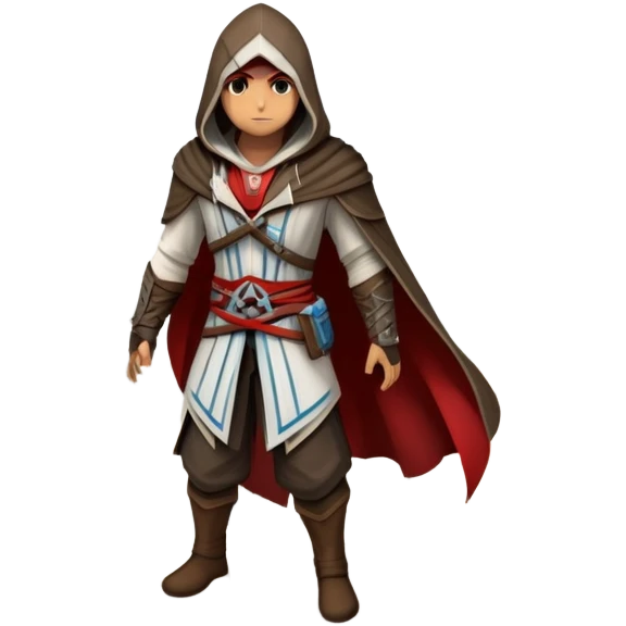 An icon representing an adventure game, inspired by Assassin's Creed. The design features a heroic character in hooded attire, scaling a tall building in a historical cityscape. The background shows ancient architecture and hidden symbols, symbolizing exploration and stealth. Transparent background  emoji