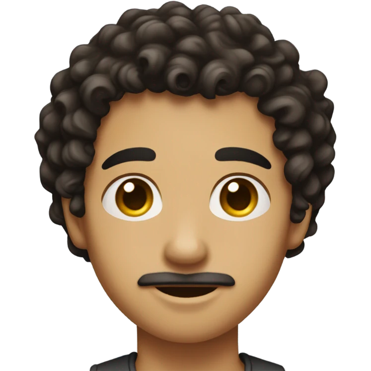 A boy with medium-length dark brown curly hair, a small short mustache, and an earring in his ear. emoji