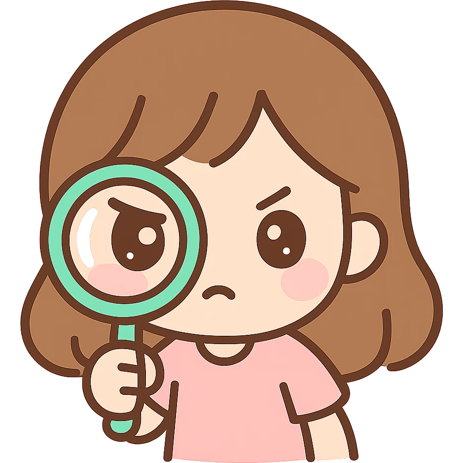 chibi cute girl with brown hair, laser focused, holding a magnifying lens emoji