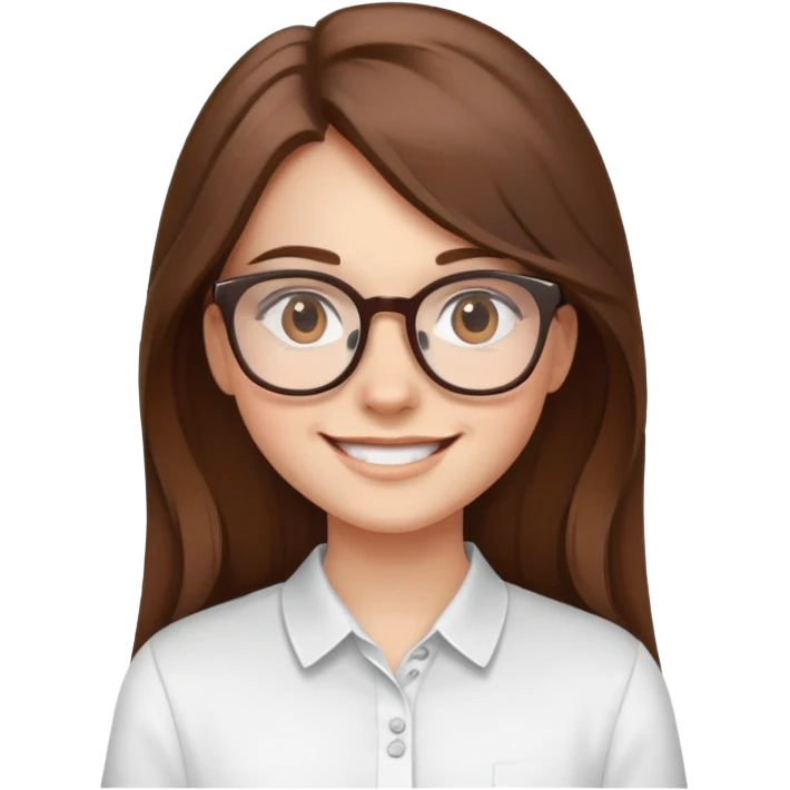 smiling girl with glasses, long brown hair, wearing a white shirt emoji