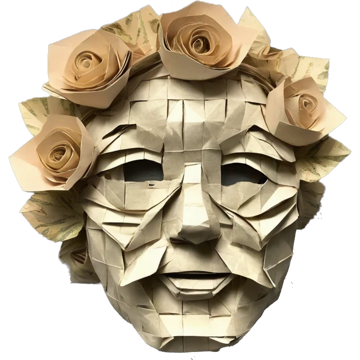 Shakespeare made of origami newspaper roses 420 hemp leaves emoji
