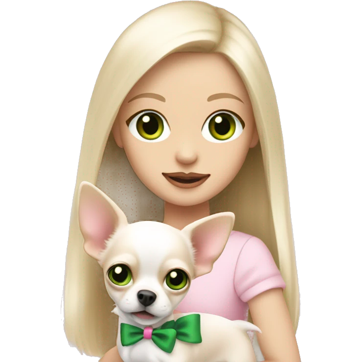 pale blond girl with long platinum hair with green eyes holding a white chihuahua puppy that wearing a pink bow emoji