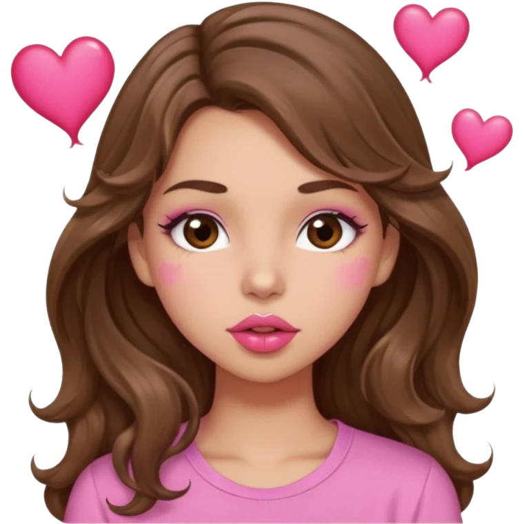 girl with long wavy brown hair, brown eyes, light to medium complexion, in a pink shirt, pink lips, long lashes, puckering lips kissing, blushing with hearts emoji
