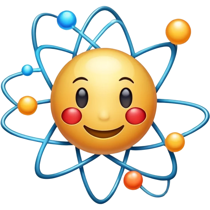 cute cartoon atom with a smiling face and orbiting valence electron emoji