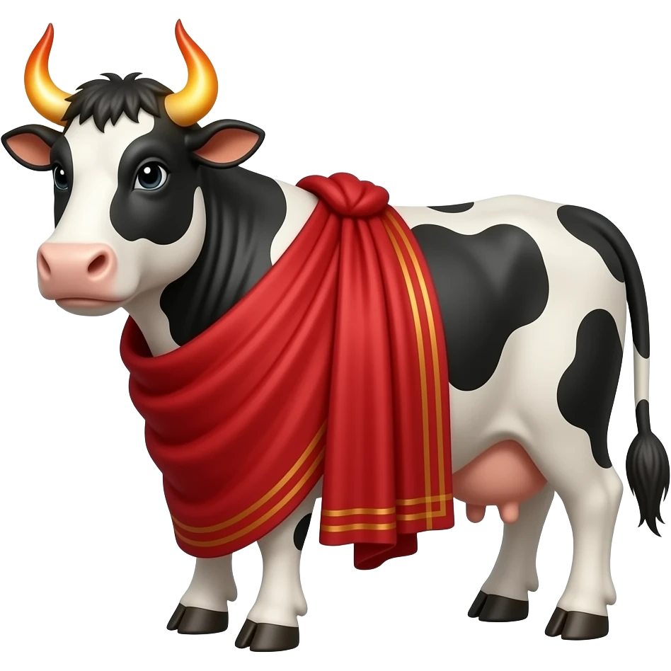 Cow in a red toga with a glowing head and devil horns emoji