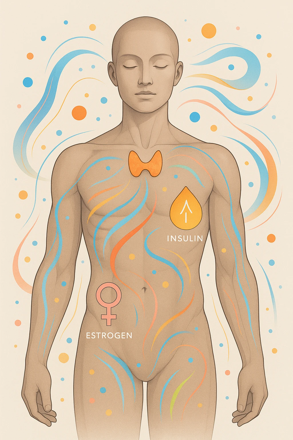 Il corpo è circondato da simboli delicati e bilanciati che rappresentano equilibrio ormonale e metabolico: piccoli cerchi, flussi energetici colorati, simboli stilizzati di tiroide, picco insulina, estrogeni. 4k immagine emoji