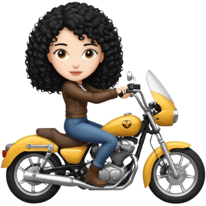 18 year old girl, black curly hair, white, dark brown eyes, riding a motorcycle emoji