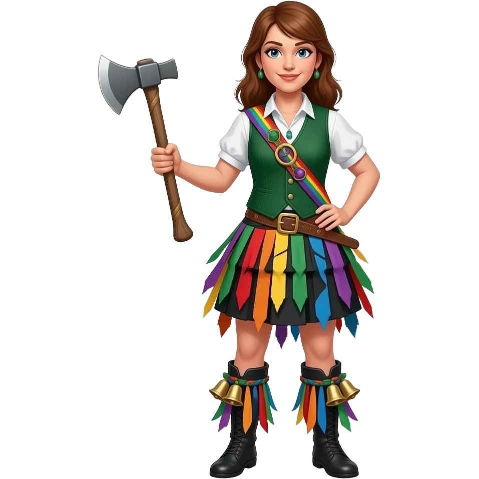 Female Border Morris dancer with axe-handle-sized stick in hand and christmas bells on shins only with rainbow tatters coming off her waist and vest emoji