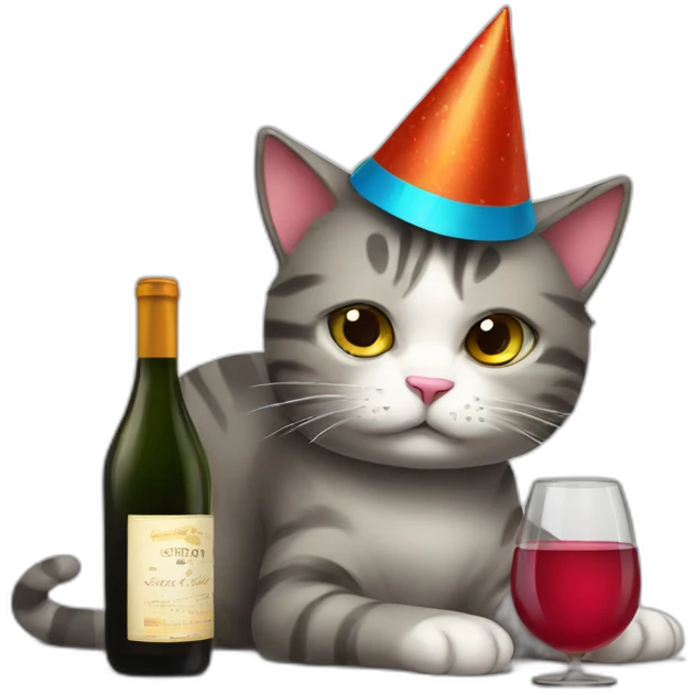 depressed tired kitty drinking wine and party hat on emoji