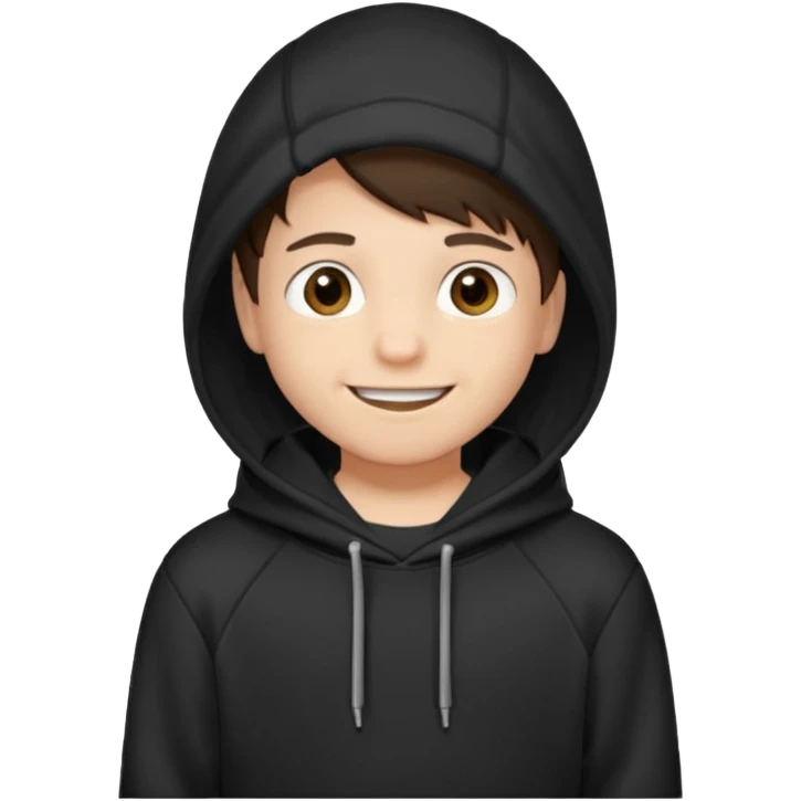 A brunette boy, short straight hair, light brown eyes, with a black sweatshirt with a hoodie, and smile without teeth  emoji