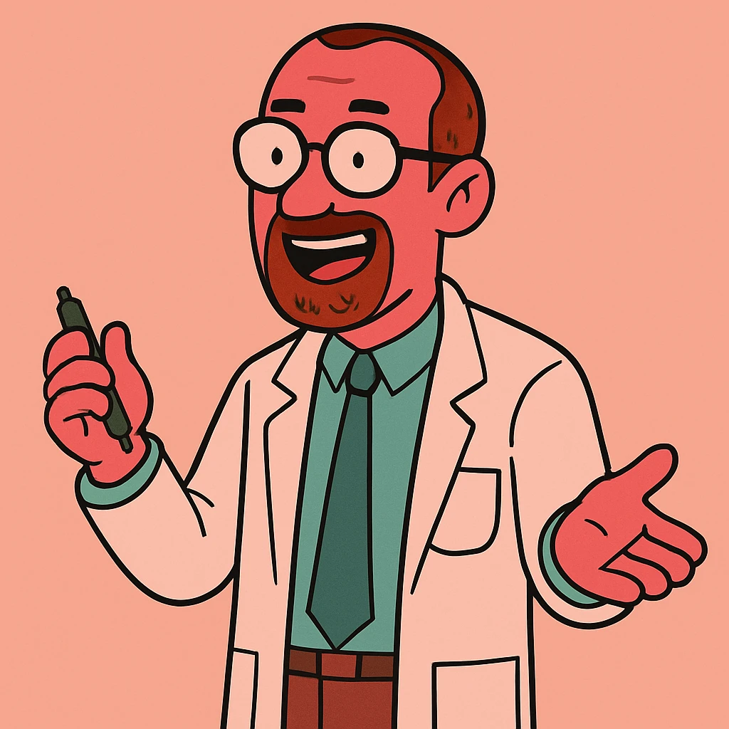 Make the skin much rosier while maintaining the original style of the professor with very short hair, receding hairline, thin beard, and glasses. emoji