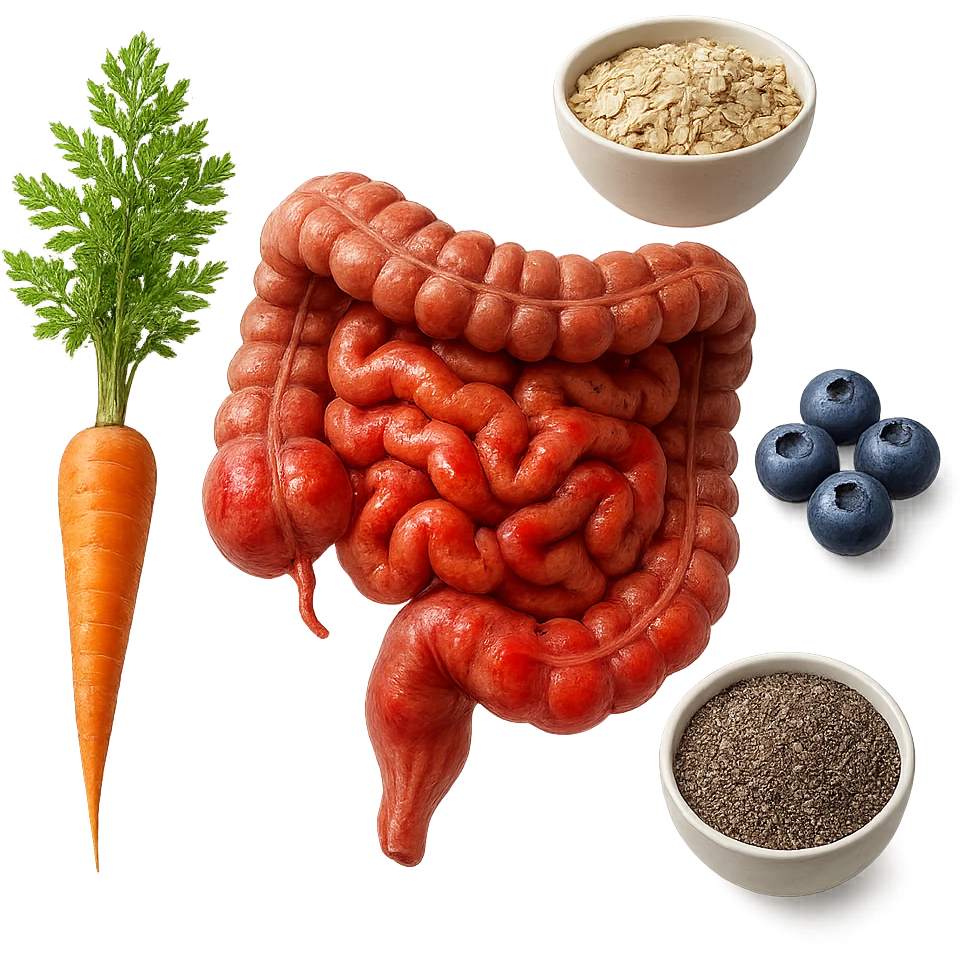 intestino umano anatomico infiammato al centro con carota, bowl di avena, mirtilli, bowl di semi di chia che gli fluttuano intorno , iperrealistico 4k emoji