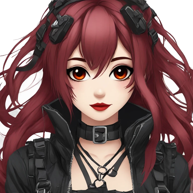 Gorgeous gothic techwear anime style lady with blushing face aesthetic and pretty edgy black red punk messy hair with collar and harness trending style emoji