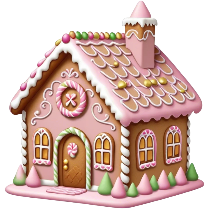 light pink and gold and white gingerbread house emoji