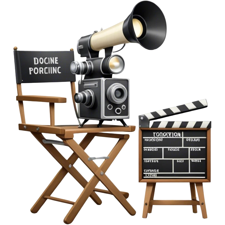 Icon for Directing: a director's chair, a film clapperboard, large movie camera, vintage megaphone and a stage with a spotlight. The icon should represent the creative and organizational aspects of directing, with focus on storytelling, staging, and performance. Transparent background. emoji