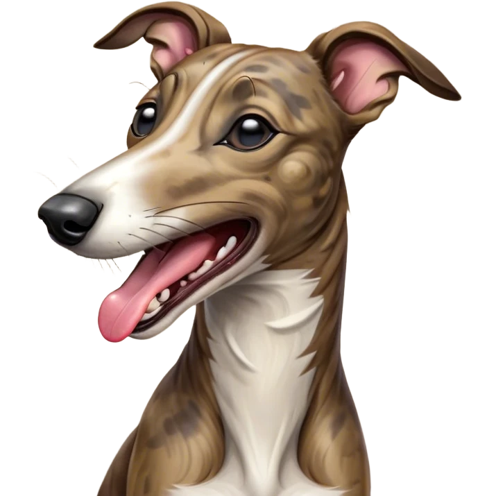 Cinematic Cute Yawning Brindle Greyhound Portrait Emoji, Head tilted slightly with a dramatic, wide-open yawn, showcasing a smooth brindle Fur with a refined pattern, floppy ears slightly drooping, round eyes barely open in drowsy contentment, Simplified yet irresistibly adorable features, highly detailed, glowing with a soft, cozy glow, high shine, relaxed yet expressive, stylized with a touch of whimsy, bright and endearing, soft glowing outline, capturing the essence of a sleepy yet affectionate racer, so drowsy it feels like it could stretch out of the screen and curl up for a nap! emoji