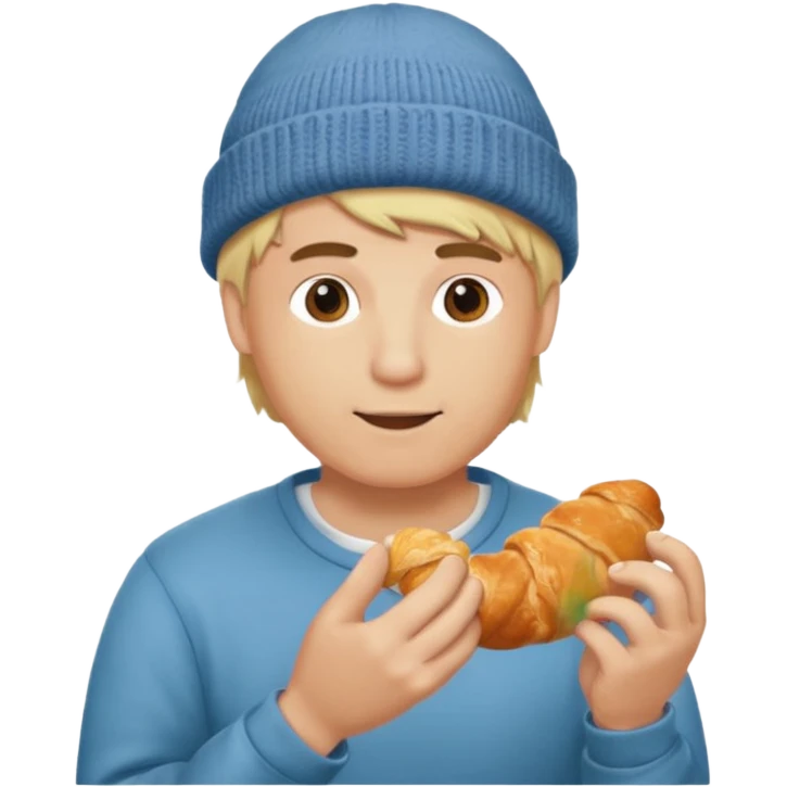 blonde man with beanie eating croissant emoji