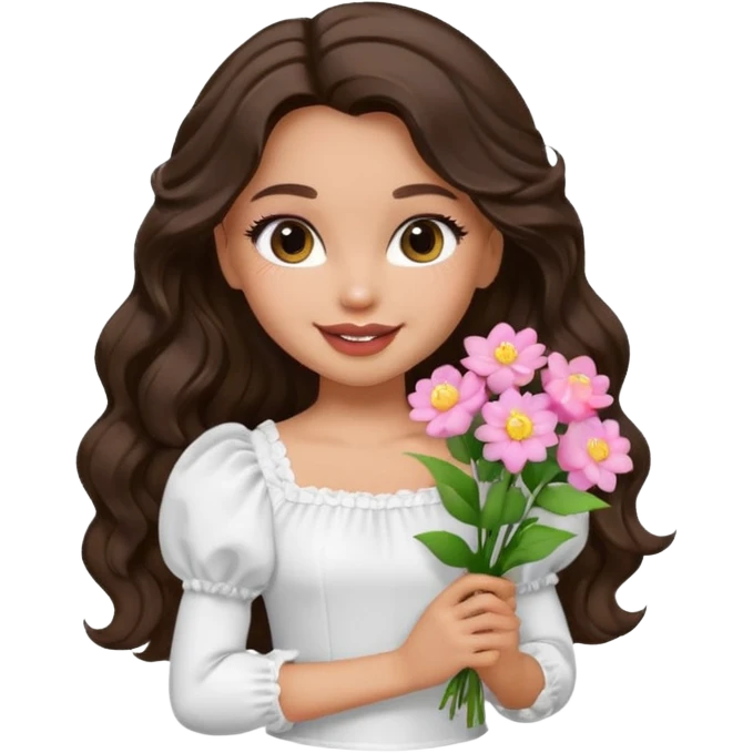 generate a pretty bratz girl with in a white puff sleeve top.  light lipgloss on . dark Brown wavy hair long. carrying flowers  emoji