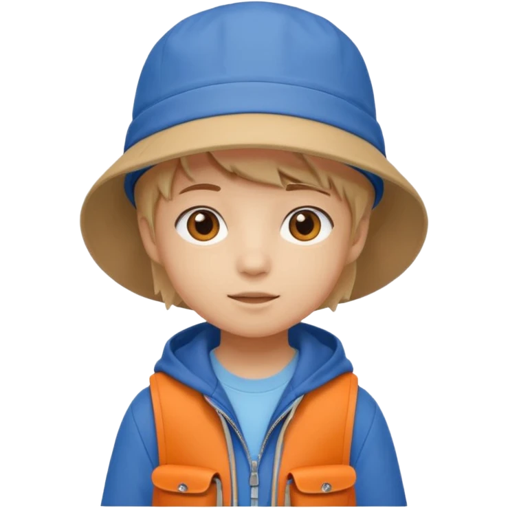 A little student with beige bucket hat, orange jacket, blue backpack emoji