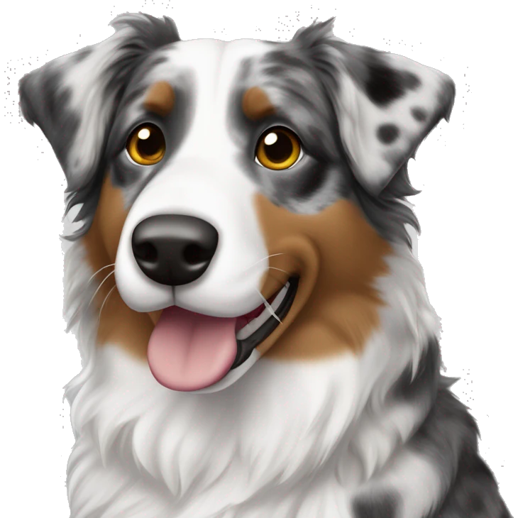 A spotted brindle, Australian Shepherd, white face with spots on the eyes and nose no other spots on the face or neck. The spots are gray and black. ￼ emoji